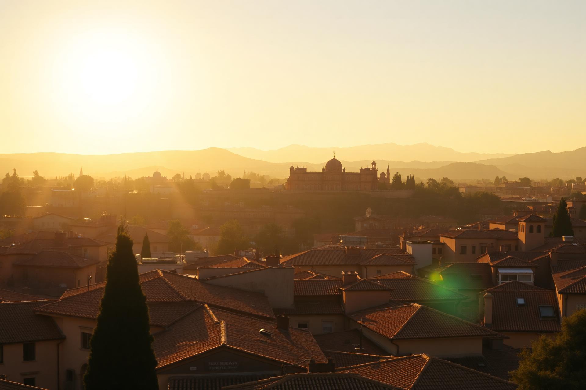 Sunlit Iberian rooftops at golden hour